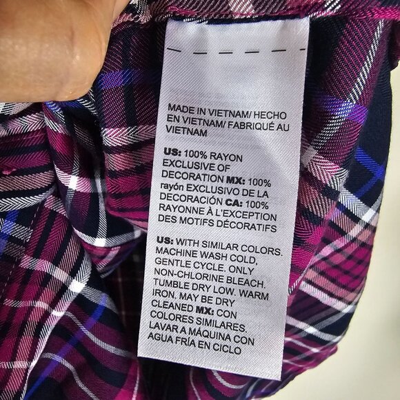 Chicos Poet Ruffle Purple Plaid Button Up Blouse XL Long Sleeve Flowy Rayon - Picture 8 of 8